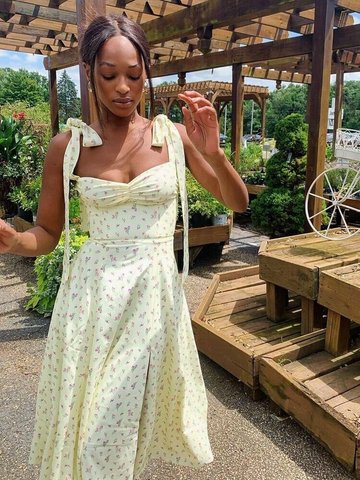 Bohemian Floral Midi Prom Dress Cute Yellow Party Dress HZ1023